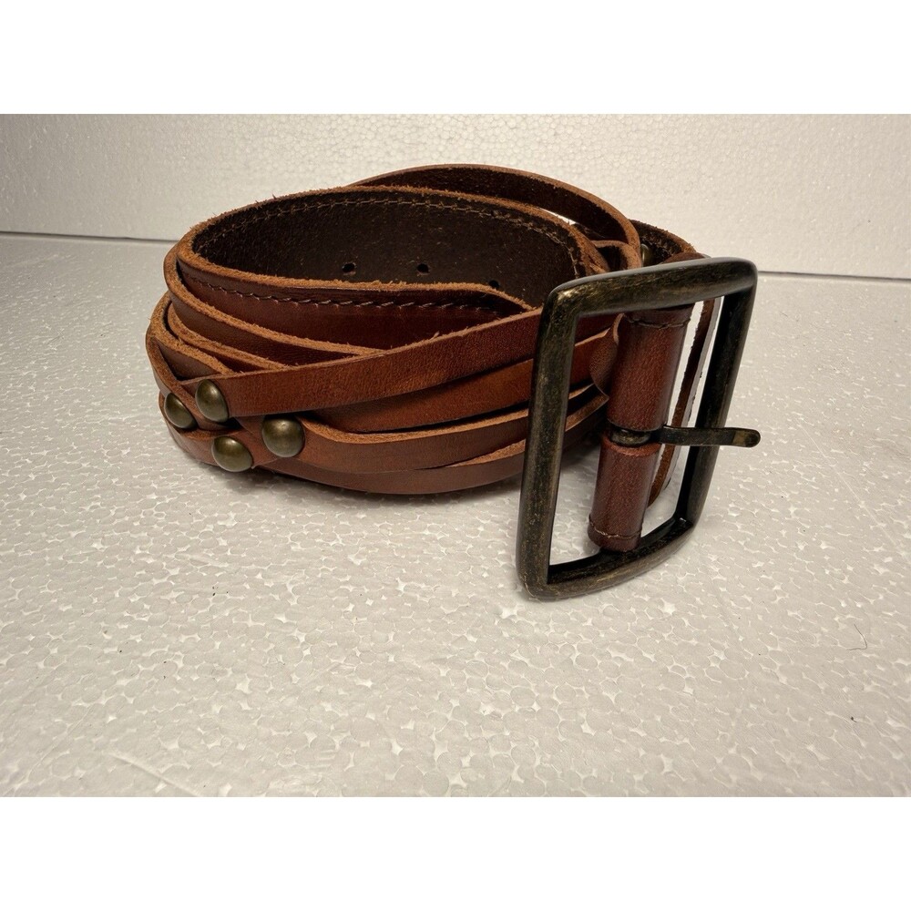 Vintage Genuine Leather Belt Womens Cognac Brown Studded Strappy Boho Y2K Wide